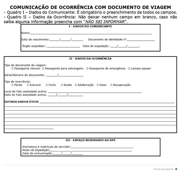 Representação do formulário de comunicação de ocorrência com documento de viagem